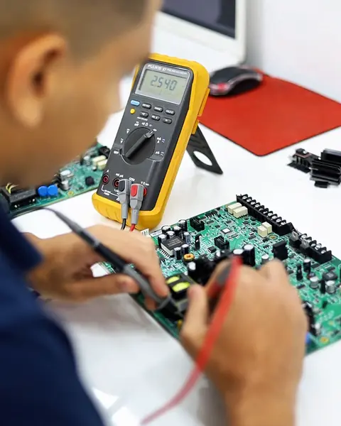 Técnico da Simple Service medindo uma placa eletrônica com multímetro no laboratório